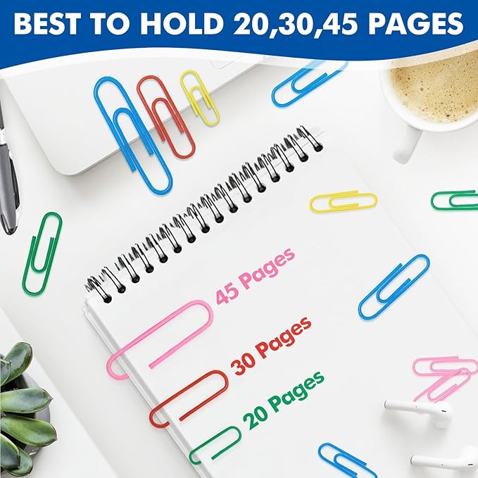 1000 Paper Clips Assorted Sizes, Large, Medium, and Small Colored Paper Clips, Durable, Rustproof, Great for Office Supplies, School, Home Organization(50mm, 33mm, 28mm)