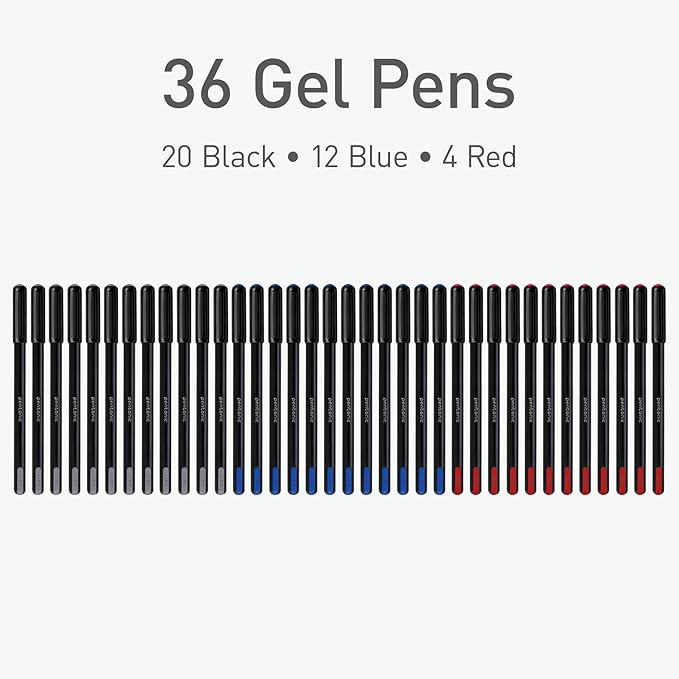 Pentonic Gel Pens, 36 Count, Assorted Colored Ink (20 Black, 12 Blue, 4 Red), 0.6 mm Fine Point, Smooth Writing For Journaling & Notetaking (1002356)