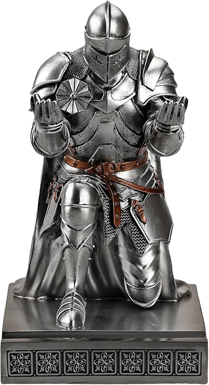 Amoysanli Medieval Armored Warrior Wearing Outerwear, Mobile Phone Stand Knight Pen Holder Desk Organizers, Resin Bookends Paperweight with a Letter Opener for Desk (Silver)