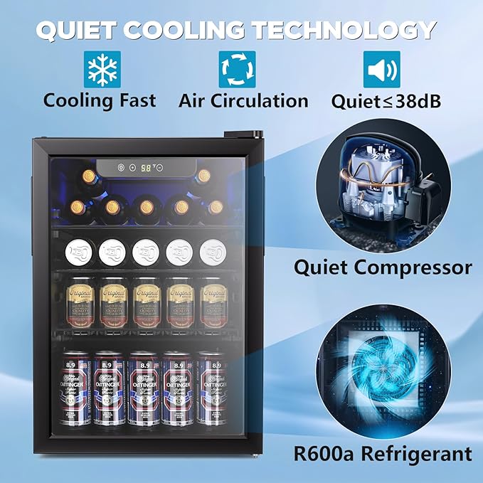 26 Bottle Wine Cooler, 95 Cans Beverage Refrigerator, 2.6 cu.ft Drink Fridge Digital Temperature Control for Beer, Soda,Water, Drink Cooler for Home Office Bar