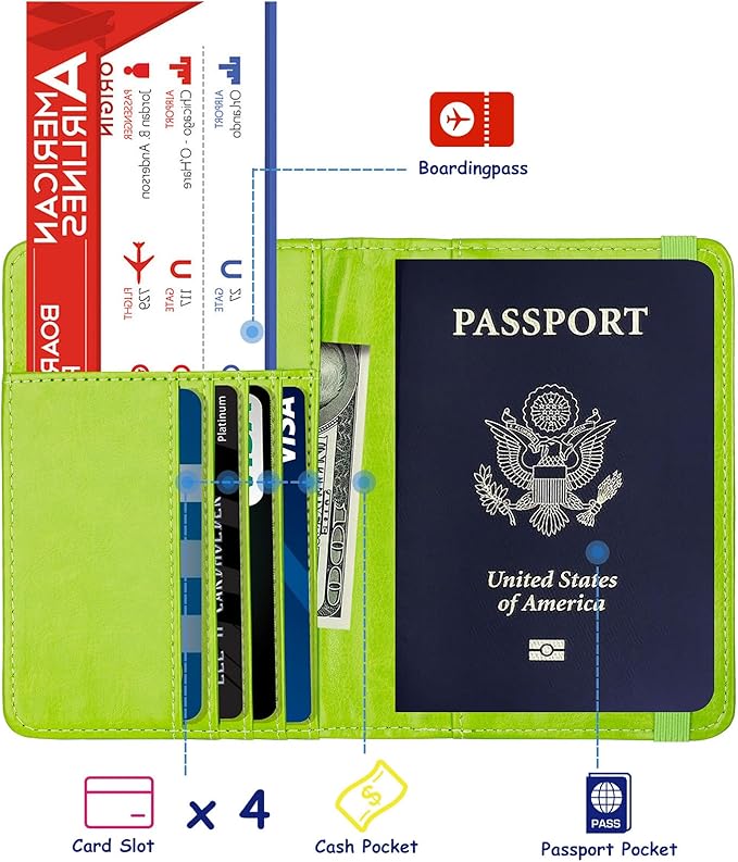 TOURSUIT RFID Blocking Passport Holder for Women Men, Leather Passport Travel Wallet with Metal 3D Metal Badge, Travel Document Holder Cover Accessories (Green)