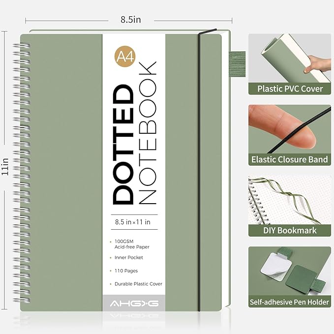 AHGXG Bullet Dotted Journal - Dot Grid Spiral Notebook 8.5" x 11", A4 Large Dotted Notebook, 100 GSM Thick Paper, Waterproof Plastic Cover Journals for Bullet Journaling, Sketching, Sage Green