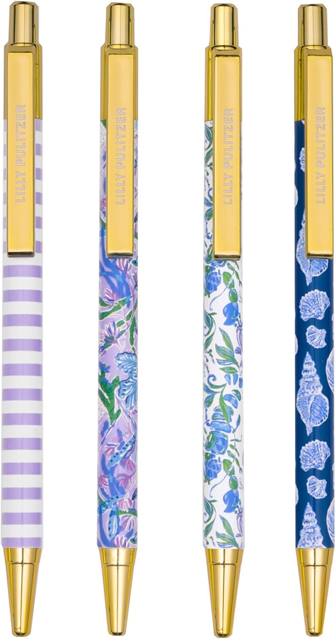 Lilly Pulitzer Black Ink Pen Set of 4, Retractable Pens for Home or Office, Colorful Plastic Click Pens, (Assorted)