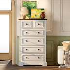 VVFLU Farmhouse 6 Drawer Dresser, 48" Tall White Dresser with Natural Texture & Metal Handles, Storage Drawer Chest for Bedroom, Living Room, Hallway, Vintage Design (Antique White)