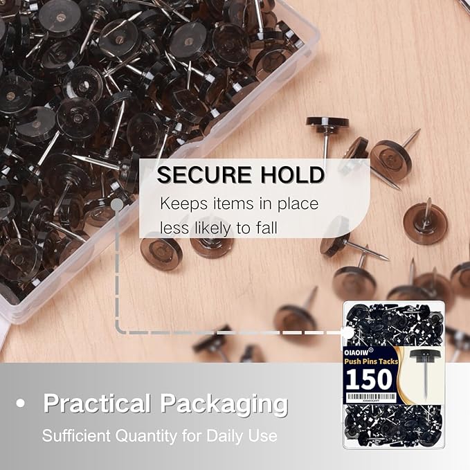 150 PCS Flat Black Push Pins for Wall Clear Thumb Tacks for Walls Flat thumbtacks Push pin for Bulletin Board Shadow Box Display Thumbtack for Cork Board