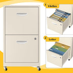 SteeLoong 2 Drawer File Cabinet with Lock，Cream Rolling File Cabinet for Home Office, Metal Small Mobile Filing Cabinets on Wheels for Hanging Letter
