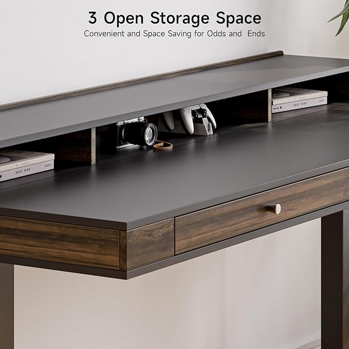 ONBRILL Modern Standing Desk with Storage, 63x23.6 Inch Electric Adjustable Height Desk with 2 Drawers, 3 Open Storage Zones, Black