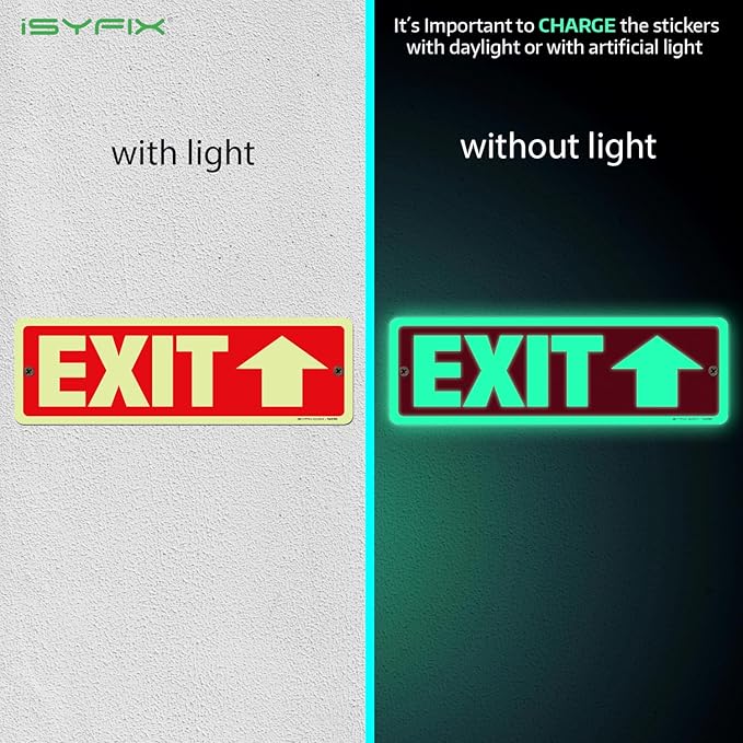 iSYFIX Exit Signs with Directional Up Arrow, Glow in the Dark, Photoluminescent Aluminum 12x4 Inch - 12 Pack, Laminated for UV & Weather Resistance, Ideal for Offices, Schools, Theaters & More