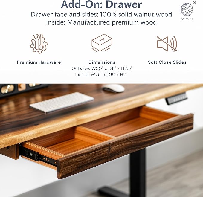 Standing Desk with Drawer – Walnut Solid Wood Desk, Natural Live Edge, Adjustable Height Dual Motor, Sit Stand for Home Office (Black, W48 x D27)