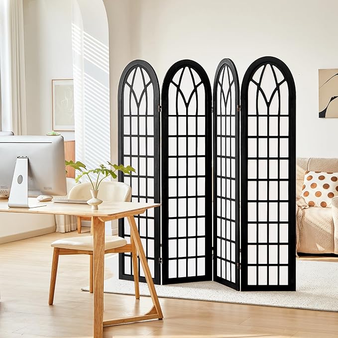 4 Panel Japanese Room Divider, Fully Assembled Wooden Privacy Screen, Shoji Style Partition Divider for Home Office Bedroom Apartment Decoration, Black