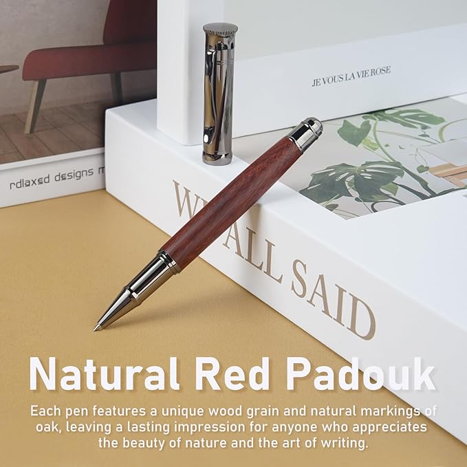 WEMATE Wood Rollerball Pen Set, Extra 2 Ink Refills(1 Black & 1 Blue), Fancy Writing Pen Nice Luxury Office Gift for Men, Professional and Executive, Cool Wooden Pen for Journaling - Bubinga