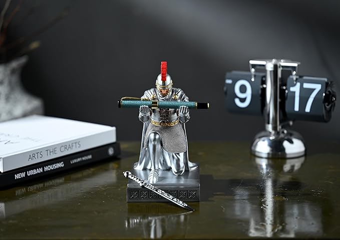 CYXStar Roman Praetorian Prefect Warrior Knight Pen Holder Desk Ornament Resin Praetorian Guard Mobile Phone Stand Desk Accessories and Organizer for Office with a Letter Opener (Silver)