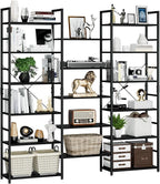 NUMENN Triple Wide 6 Tier Bookshelf, Rustic Industrial Style Bookcases and Bookshelves with 17 Open Display Shelves, Modern Tall Bookcase Furniture for Bedroom, Living Room and Home Office, Black