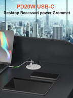Recessed Power Grommet 3 inch with PD20W USB C Ports 2 AC Outlets,Recessed Outlet Fast Charging Station,Desk Hole Grommet Outlets,Round Desktop Power Grommet Outlet for Office,Home (White, 20W USB)