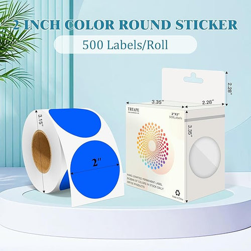 2 Inch Round Color Coding Labels (500 Count) - Blue Dot Stickers Circle Labels with Dispenser Box for Warehouse, Filing, Industrial, Office Organization