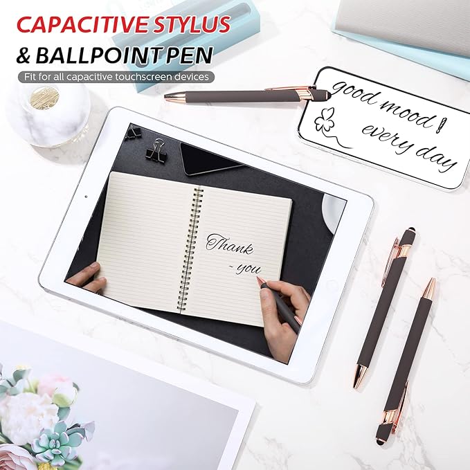 Tenare 12 Pieces 2 in 1 Stylus Metal Ballpoint Pen with Stylus Tip, 1.0 mm Black Ink Ballpoint Pen for Touch Screens(Gray and Rose Gold)