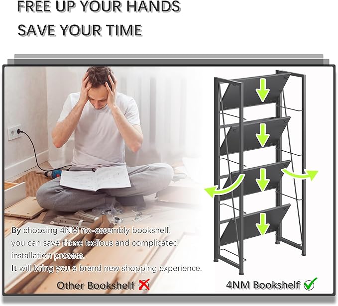 4NM No Assembly Folding Bookshelf Storage Shelves 4 Tiers Vintage Bookcase Standing Racks Study Organizer Home Office (All Black)