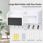 Lwenki Mail and Key Holder – Wall Mount Key Hanger with Shelf and 7 Metal Hooks – Decorative Natural Paulownia Wood Entryway Organizer with Mounting Hardware (16.5”W x 8.7”H x 3.5”D) (White)
