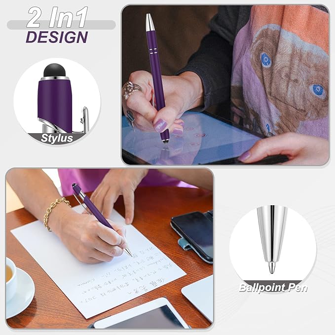 Tenare 12 Pieces 2 in 1 Stylus Metal Ballpoint Pen with Stylus Tip, 1.0 mm Black Ink Ballpoint Pen for Touch Screens(Purple and Silver)