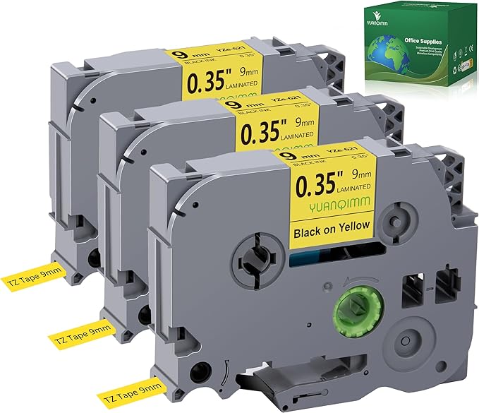 3-Pack TZe-621 Yellow TZe TZ Tape Compatible with Brother P Touch Label Maker Tape TZ-621 TZe621 TZ621 Label Tape 9mm 0.35 Laminated Black on Yellow for PTD210 PTD220 PTH110BP PTD410 PTD600