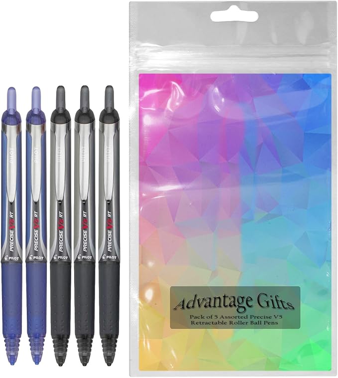 Precise V5 RT Retractable Rolling Ball Pens, Extra Fine Point (.5mm), Assorted Colors Black/Blue Ink, 5-pk; Premium Comfort Grip, Bundle with Plastic Reusable Pouch