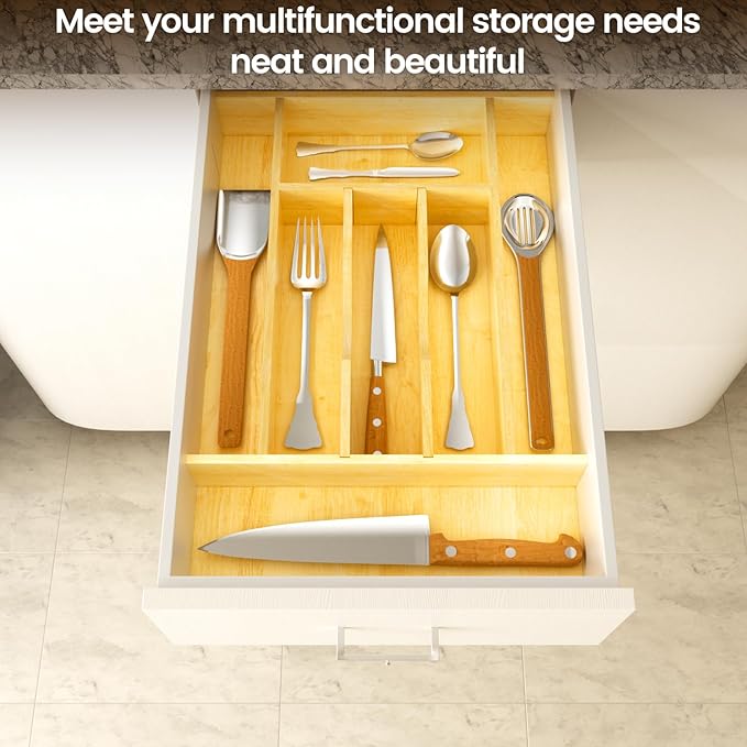 Evjocoh Silverware Drawer Organizer Wood with Adjustable Partition for Kitchen Utensil Cutlery Flatware Cabinet Storage Compartment Tray Insert with Dividers (13.2" W x 19.5" D x 2.5" H)