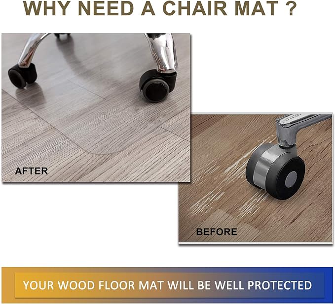 Office Chair Mat for Hardwood Floor, 48”x 30” Vinyl Desk Chair Mat Clear Floor Protector Mat for Rolling Chair Office & Home, Easy Glide and Flat Without Curling