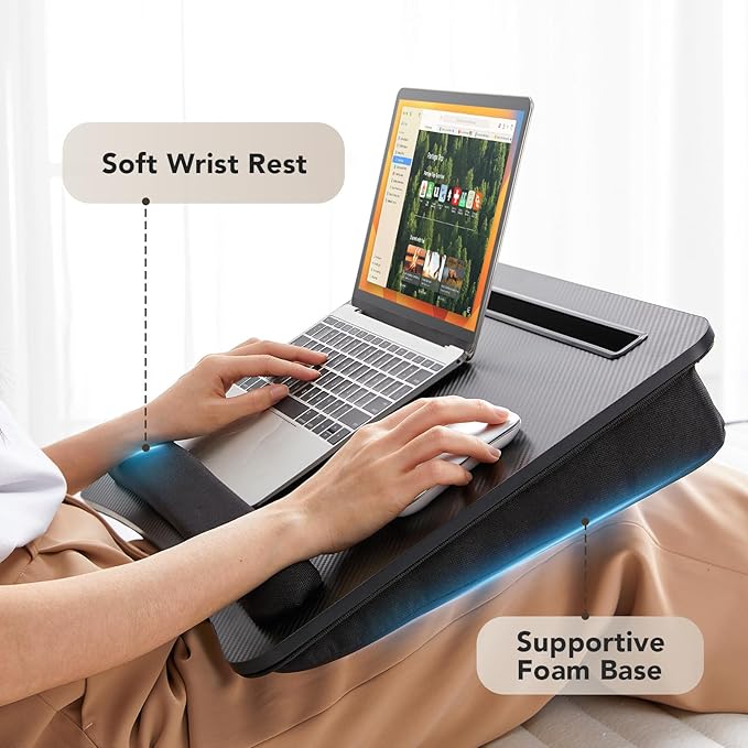 HUANUO Lap Laptop Desk - Portable Lap Desk with Pillow Cushion, Fits up to 17 inch Laptop, with Anti-Slip Strip & Storage Function for Home Office Students Use as Computer Laptop Stand, HNLD28B