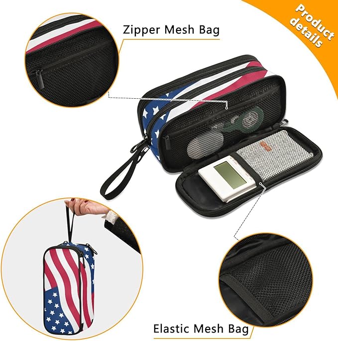 BOENLE USA American Flag Pencil Case Box Boys Girls Large Pencil Pouch Zipper Compartments Big Capacity Stationery Pen Bag Organizer for Kids Teens Adults School