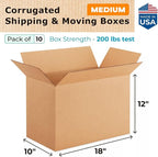 Medium Shipping & Moving Boxes 18x10x12 inches (10-Pack) - Extra Strength 200 lb vs Regular - Corrugated Durable Moving Boxes - Heavy Duty Box, Made in USA - Cardboard Moving Box by IDL Packaging