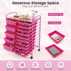 DORTALA 15-Drawer Rolling Storage Cart with Drawers, Rolling Utility Cart w/Removable Drawers & Universal Wheels, Tools Scrapbook Paper Organizer for School, Office, Home, Classroom (Hot Pink)