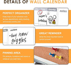 MAKELLO Dry Erase Calendar for Wall 24" x 18", Whiteboard Calendard with Cork Board for Office, Home, School, Family, Kitchen and Bedroom