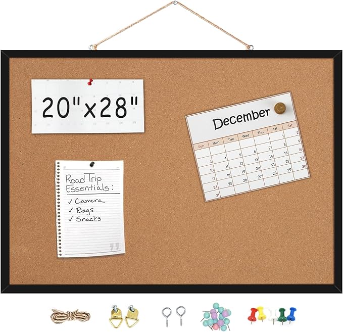 20” x 28” Cork Boards for Walls with Black Wooden Frame 1pack, Whiteboard and Cork Board Combo Double Sided Office Board for Wall Organizer, Bulletins Board Hanging Pin Board for School Home Office