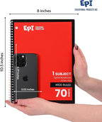 EPI Spiral Notebook | Wide - 70 Sheets, Durable Spiral Binding | 10.5 x 8 in | Classroom Supplies | School, Office, Note Taking, Journaling - 3 Pack