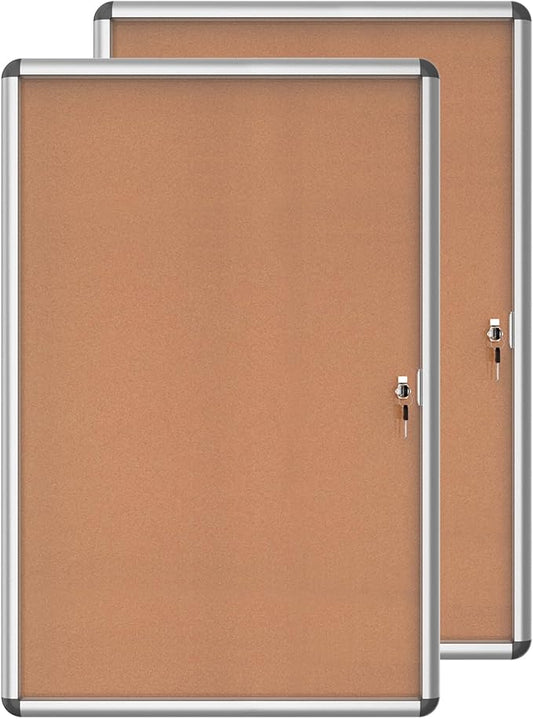 2 Pack 36"x24" Enclosed Bulletin Board, Lockable Weather-Resistant Aluminum Cork Noticeboard for School & Office, Silver Frame w/Cork
