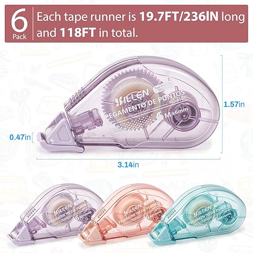 6 Pack Glue Tape, Double Sided Tape Roll for Crafts, Sticky Scrapbook Tape Runner, Scrapbooking Supplies for Crafting Photo Album Cards Journal School Office Gift Wrapping - 0.24IN x 20FT