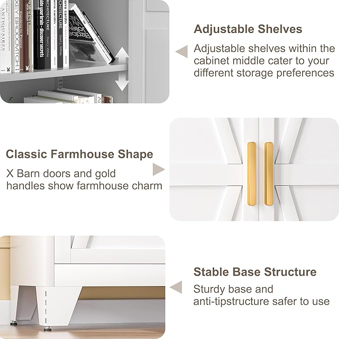 61H Metal Storage Cabinet with 2 Doors and 5 Shelves,Farmhouse Storage Cabinet with Barn Doors,Pantry Storage for Home,Office,Bathroom,Dining Room,Kitchen(White)