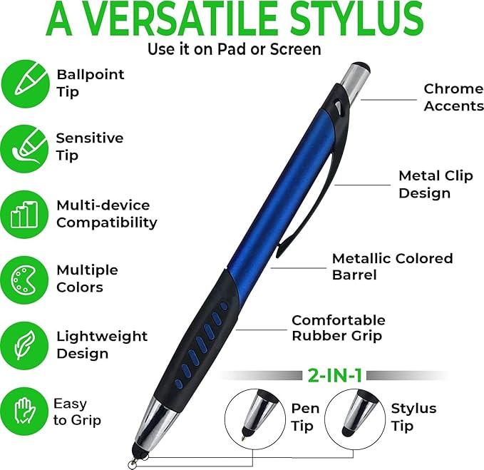 Personalized Pens With Custom Logo or Text-350 Pack Bulk-for Businesses, Parties, and Events, 2 in 1 Ballpoint Pen & Capacitive Stylus for Touchscreen Devices, Click Action, Black Ink, Green