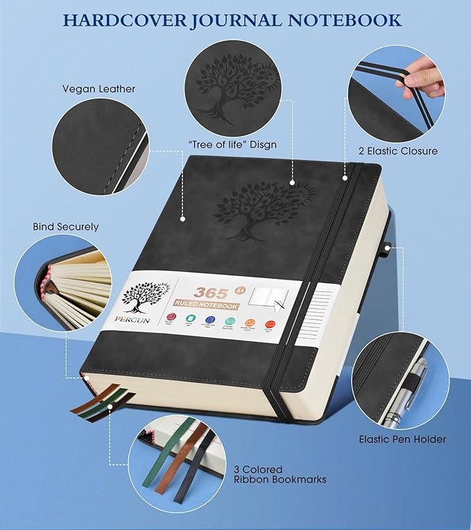 A4 Lined Journal Notebook，365 Page Large Leather Journals for Writing Women Men，Hardcover Notebook with 100Gsm Thick Pages for Travel，Work，School，College Ruled, Daily Diary (8.5" x 11.4")