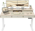 FEZIBO Height Adjustable Electric Standing Desk with 5 Drawers, 55 x 24 Inch Table with Storage Shelf, Sit Stand Desk White Frame/Light Walnut Top, 55 inch