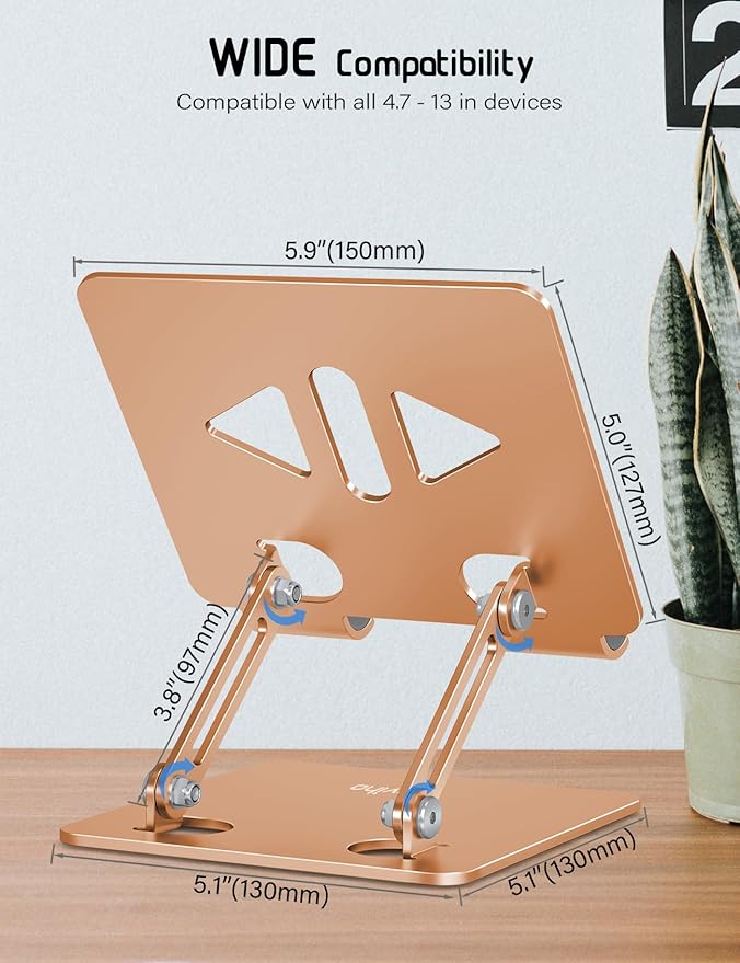 Aoviho Tablet Stand Holder for Desk Adjustable Tablet Holder, Foldable Aluminum Desktop Tablet Holder for iPad Samsung Galaxy Tabs Amazon Kindle Fire,All Tablets 4-12 inch, Gold