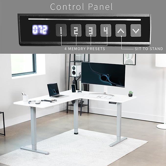 VIVO Electric Corner 63 x 55 inch L-Shaped Standing Desk, Memory Height Adjustment, White Top Gray Frame, DESK-E3CTGW