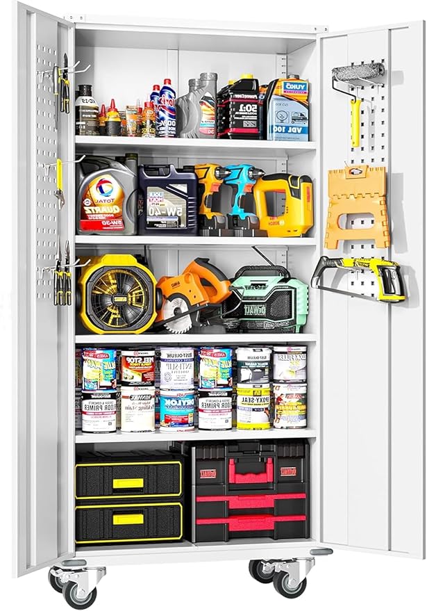 INTERGREAT Metal Garage Storage Cabinet, Lockable Rolling Tool Cabinets with Pegboard and Shelves, 72" Tall Heavy-Duty File Cabinet with Wheels for Garage, Basement, Warehouse, White