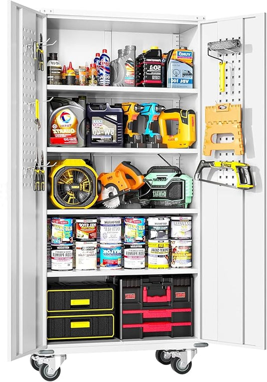 INTERGREAT Metal Garage Storage Cabinet, Lockable Rolling Tool Cabinets with Pegboard and Shelves, 72" Tall Heavy-Duty File Cabinet with Wheels for Garage, Basement, Warehouse, White