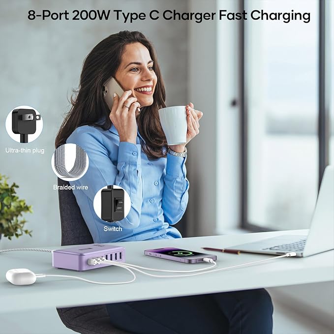 8-Port Type C Fast Charger Block 200W with Flat Plug, Braided Power Cord, and On/Off Switch- USB Charging Hub for iPhone, iPad, MacBook and More- 65W C Port Power Adapter for Laptops