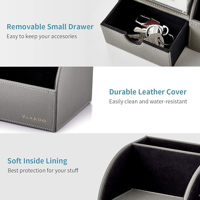 Vlando Office Desk Organizer Leather Desktop Organizer Caddy with Drawer for Storing Desktop Supplies and Accessories (Grey)