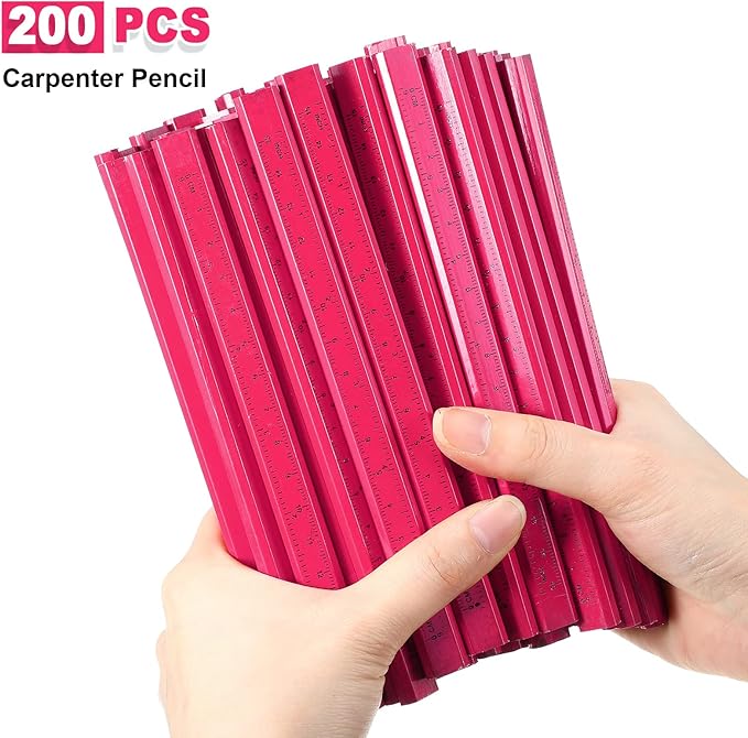 Honoson 200 Pcs Flat Construction Pencils with Printed Ruler Wood Graphite 2 Pcs Carpenter Pencil Sharpener for Woodworking Marking Tool(Pink)