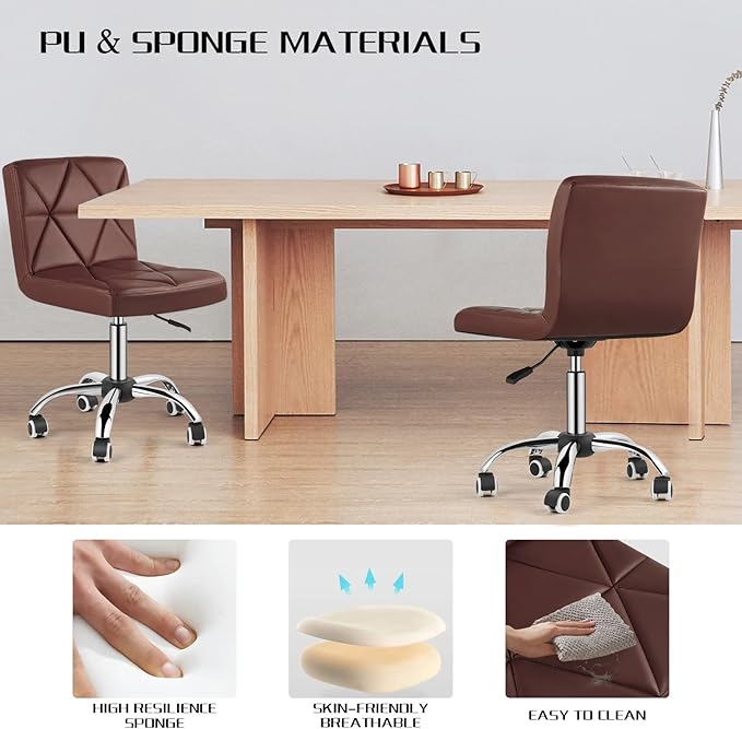 COSVALVE Armless Desk Chair, Mid Back 360 Swivel Office Chair, Height Adjustable Executive Conference Task Chair with Rolling Wheels and Diamond Pattern for Home Bedroom Computer Barber, Brown