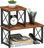 Honiter Desk Shelf Organizer, Desk Shelf for Top of Desk, 2 Tier Adjustable Small Bookshelf Organizer, Freestanding Stackable Desktop Stand, Kitchen Counter Display Rack, Rustic Brown