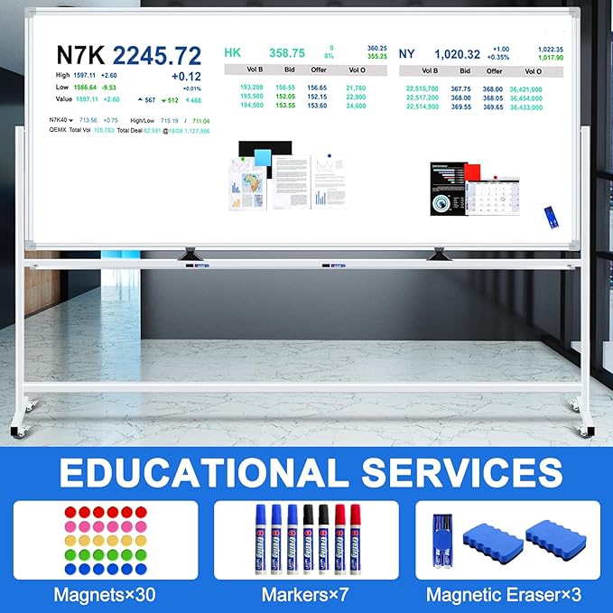 96"x48" Large Magnetic White Board Dry Erase Whiteboard with Rolling Stand 8’x4’ Double-Sided Mobile White Boards on Wheels, Including 3 Magnetic Erasers, 7 Markers, 30 Magnets